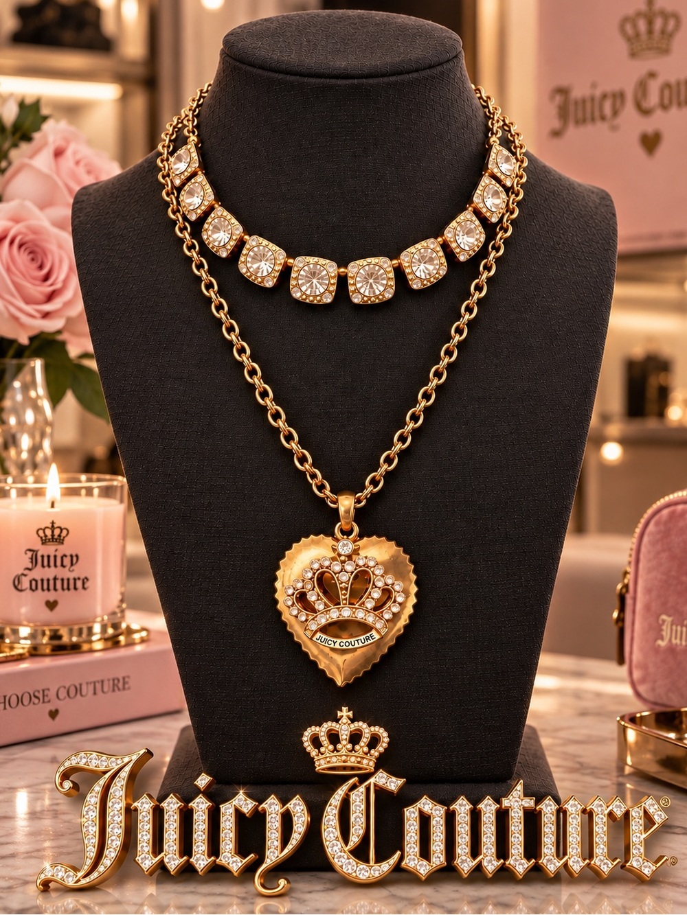 👑 Vintage Juicy Couture Gold Heart Crown Pendant + Crystal Necklace | Set of 2